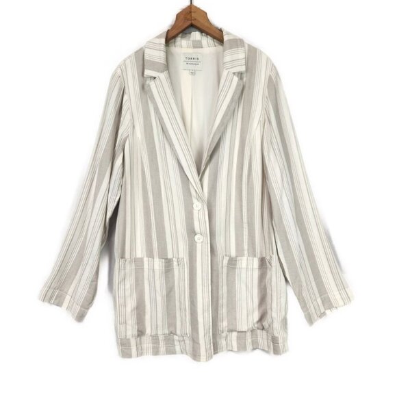 Torrid Linen Blend Two Button Long Line Blazer 1X Tan Ivory Stripe Coastal Chic - Picture 1 of 7